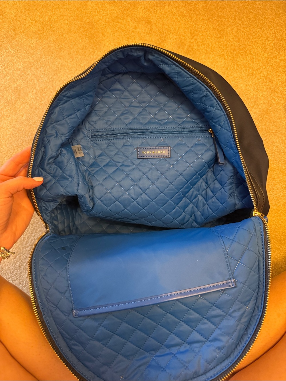 Tory Burch Navy Backpack with Bright Blue Trim and Tan Handle - Picture 2 of 4